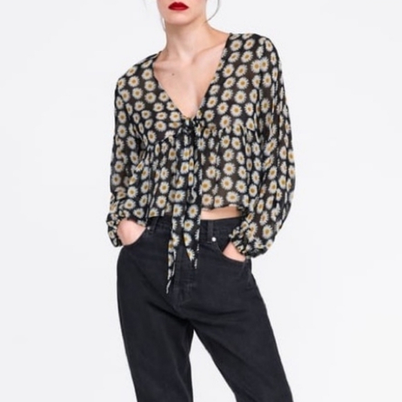 Zara Black White Daisy Floral Boho Peasant Top L - Picture 2 of 9